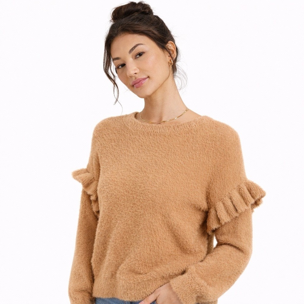 Francescas Marcia Brown Eyelash Knit Ruffle Sleeve‎ Sweater Size Medium NWT